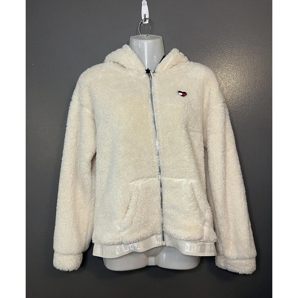 Tommy Hilfiger Hoodie Girls XL 16 White Swan Sherpa Fleece Zip Sweatshirt Logo